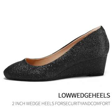 Womens Black Glitter Wedge Pumps - 2in Low Heel