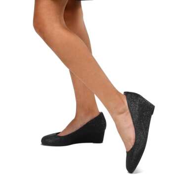 Womens Black Glitter Wedge Pumps - 2in Low Heel