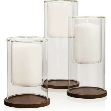 Elma Home Set of 3 Glass Hurricane Candle Holders with Beech Wood Coasters, Crystal Clear Glass Pillar Candle Holders 4”, 8” and 10” Tall, Decorative Centerpieces for Home, Weddings or Celebrations