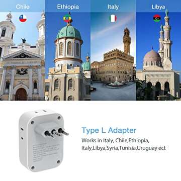 TESSAN Italy Travel Plug Adapter, US to Italian Power Adaptor with 4 Outlets and 3 USB Ports, Type L Travel Converter for USA to Chile Rome Uruguay Florence Venice Milan Santiago Libya