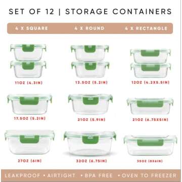 JoyJolt JoyFul 24pc Borosilicate Glass Storage Containers with Lids. 12 Airtight, Freezer Safe Food Storage Containers, Pantry Kitchen Storage Containers, Glass Meal Prep Container for Lunch