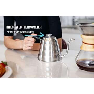 Barista Warrior Gooseneck Kettle for Pour Over Coffee and Tea with Thermometer for Exact Temperature, Precision Pour Drip Spout, Compatible with all Stove Tops (Copper Coated, 1.2 Liter, 40 fl oz)