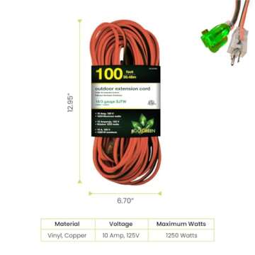 Go Green Power Inc. 16/3 100ft Outdoor Extension Cord - Heavy Duty, Lighted End, Contractor Grade SJTW Cable - Moisture & Abrasion Resistant - GG-13700