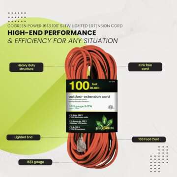 Go Green Power Inc. 16/3 100ft Outdoor Extension Cord - Heavy Duty, Lighted End, Contractor Grade SJTW Cable - Moisture & Abrasion Resistant - GG-13700