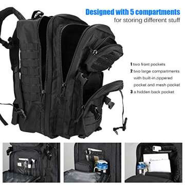 ProCase Military Tactical Backpack with Waterproof Rain Cover, 48L Large Rucksack 3 Day Outdoor Army Assault Molle Pack Go Bag Backpacks -Black