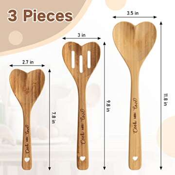 3 Pcs Valentine's Day Bamboo Heart Spoons Heart Shaped Spoons Kitchenware Engraved Heart Shaped Bamboo Wooden Spoons for Kitchen Gifts Serving Stirring Baking Mom Wife Weddings Kitchen Hostess