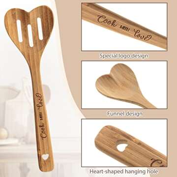 3 Pcs Valentine's Day Bamboo Heart Spoons Heart Shaped Spoons Kitchenware Engraved Heart Shaped Bamboo Wooden Spoons for Kitchen Gifts Serving Stirring Baking Mom Wife Weddings Kitchen Hostess