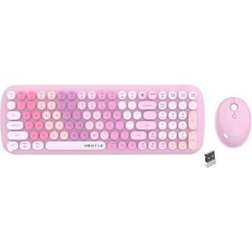 Wireless Keyboards and Mouse Combos, UBOTIE Colorful Gradient Rainbow Colored Retro Typewriter Flexible Keyboard, 2.4GHz Connection and Optical Mouse (New Pink-Colorful)