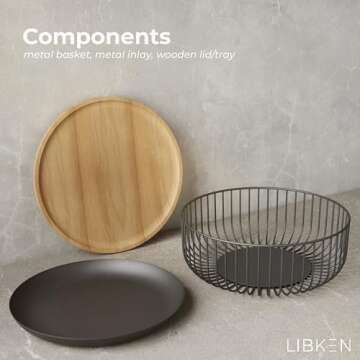 LIBKEN Fruit Basket with Wooden Bamboo Lid - Fruit Bowl For Kitchen Counter - Countertop Bin for Produce Fruits, Potato and Veggie - Metal Wire Baskets For organizing - 11.4"x11.4"x4.5" - Black