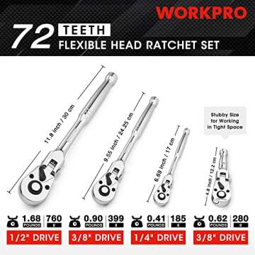 WORKPRO 4-Piece Flex Head Ratchet Set - 1/4", 3/8", 1/2" Drive Tools