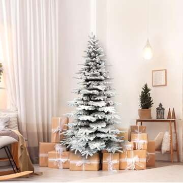 Fraser Hill Farm 6.5-Ft. Mountain Pine Snow Flocked Artificial Christmas Tree with Stand and No Lights, Unlit Foldable Christmas Tree with Realistic Foliage for Home Decoration