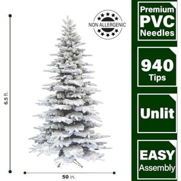 Fraser Hill Farm 6.5-Ft. Mountain Pine Snow Flocked Artificial Christmas Tree with Stand and No Lights, Unlit Foldable Christmas Tree with Realistic Foliage for Home Decoration