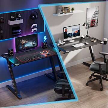 EUREKA ERGONOMIC Z1-S Pro Gaming Desk 44.5" Z Shaped Home Office PC Computer Desks Gamer Tables with LED Lights Controller Stand Cup Holder Headphone Hook Free Mousepad for Men Boyfriend Female Gift