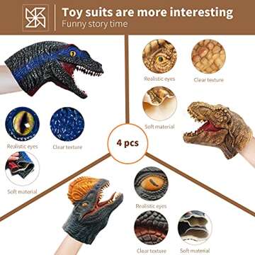 Yolococa Dinosaur Hand Puppets Realistic Latex Soft Animal Head Toys Set, Hand Puppet Toys Gift for Kids, Party Show Imaginative Play (Tyrannosaurus & Dilophosaurus & Velociraptors)