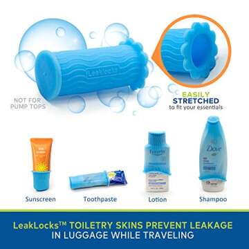 LeakLocks® Toiletry Skins™ Elastic Sleeve for Leak Proofing Travel Container in Luggage. For Standard and Travel Sized Toiletries. Reusable Accessory for Travel Bag Suitcase and Carry-on Luggage