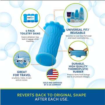 LeakLocks® Toiletry Skins™ Elastic Sleeve for Leak Proofing Travel Container in Luggage. For Standard and Travel Sized Toiletries. Reusable Accessory for Travel Bag Suitcase and Carry-on Luggage