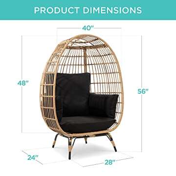 Best Choice Products Wicker Egg Chair, Oversized Indoor Outdoor Lounger for Patio, Backyard, Living Room w/ 4 Cushions, Steel Frame, 440lb Capacity - Black