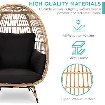 Best Choice Products Wicker Egg Chair, Oversized Indoor Outdoor Lounger for Patio, Backyard, Living Room w/ 4 Cushions, Steel Frame, 440lb Capacity - Black