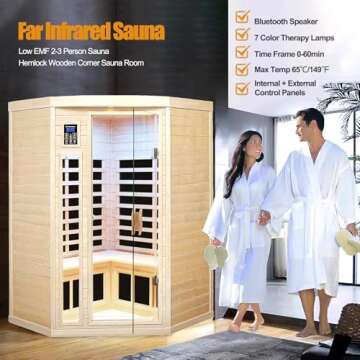 SALUSHEAT Far Infrared Wooden Sauna Room, 2-3 Person Home Sauna, Canadian Hemlock Indoor Corner Sauna Spa, 7 Low EMF Heaters, 2 Bluetooth Speakers, 2 LED Reading Lamp and 3 Chromotherapy Lights, 1600W