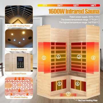 SALUSHEAT Far Infrared Wooden Sauna Room, 2-3 Person Home Sauna, Canadian Hemlock Indoor Corner Sauna Spa, 7 Low EMF Heaters, 2 Bluetooth Speakers, 2 LED Reading Lamp and 3 Chromotherapy Lights, 1600W