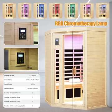 SALUSHEAT Far Infrared Wooden Sauna Room, 2-3 Person Home Sauna, Canadian Hemlock Indoor Corner Sauna Spa, 7 Low EMF Heaters, 2 Bluetooth Speakers, 2 LED Reading Lamp and 3 Chromotherapy Lights, 1600W