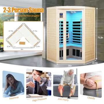 SALUSHEAT Far Infrared Wooden Sauna Room, 2-3 Person Home Sauna, Canadian Hemlock Indoor Corner Sauna Spa, 7 Low EMF Heaters, 2 Bluetooth Speakers, 2 LED Reading Lamp and 3 Chromotherapy Lights, 1600W