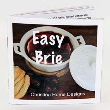 White Camembert Baker and Brie Baker with Cookbook. Brie Cooker comes with Spatula, Lid, Base and Cookbook. Brie Baking Dish is Microwave, Dishwasher and Oven Safe by Christina Home Designs.