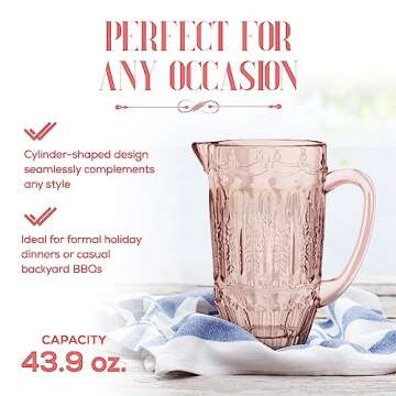 Elle Decor Vintage Glass Pitcher | Water Carafe Jug for Iced Tea, Homemade Milk, Juice, and Beverages | Glass Carafe for Mimosa Bar | Sangria Pitchers | 43.9 OZ.