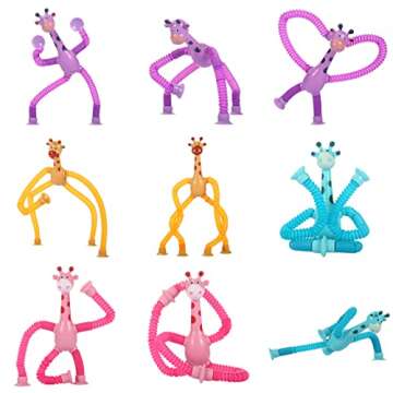 Xonteus 4 Pcs Telescopic Suction Cup Giraffe Toy, Sensory Tube Toddler Travel Toys, Connectable and Extendable Stress Relief ADHD Autism Fidget for Kids, Easter Basket Stuffers for Gifts