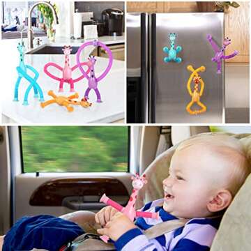 Xonteus 4 Pcs Telescopic Suction Cup Giraffe Toy, Sensory Tube Toddler Travel Toys, Connectable and Extendable Stress Relief ADHD Autism Fidget for Kids, Easter Basket Stuffers for Gifts