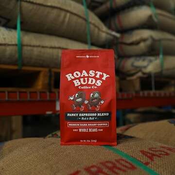 Roasty Buds Coffee Fancy Espresso Blend | Gourmet Whole Bean Coffee, Central & South America, Sumatra, Ethiopia (12 oz) | Medium-Dark Roast