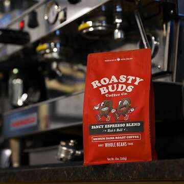 Roasty Buds Coffee Fancy Espresso Blend | Gourmet Whole Bean Coffee, Central & South America, Sumatra, Ethiopia (12 oz) | Medium-Dark Roast