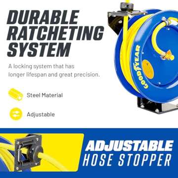 Goodyear Air Hose Reel Retractable 3/8" Inch x 50' Foot SBR Rubber Hose Max 300PSI Heavy Duty Industrial Steel Single Arm Construction