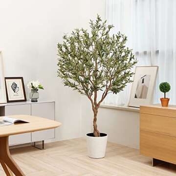 LOMANTO Olive Trees Artificial Indoor, 7Ft Artificial Olive Plants, Tall Faux Olive Tree, Fake Topiary Silk Tree in Pot with Olive Branch & Fruit, Home Office Modern Decor Gift for Housewarming 1Pack