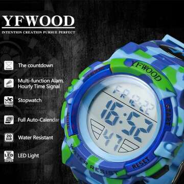 YFWOOD Kids Digital Watch Waterproof Outdoor Watches Children Casual Electronic Analog Quartz Wrist Watches with Silicone Band Luminous Alarm Stopwatch for Boys