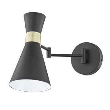 Light Society LS-W305-BK Beaker Wall Sconce in Matte Black with Swivel Arm and Brass Details, Modern Mid-Century Retro Style Lighting