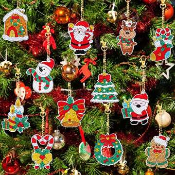 12 Pieces Christmas Diamond Painting Keychain 5D DIY Diamond Painting Kit Christmas Hanging Diamond Art Kits Diamond Art Christmas Ornaments for Kids Christmas Crafts Family Decor (Cute)