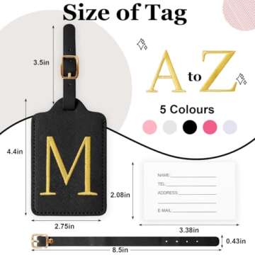 Personalized Initial Luggage Tags for Suitcases,Leather Letter Cute Luggage Tags with Privacy Name Card,Embroidered Monogrammed Travel Bag Backpack Tags Gifts for Women Kids Girls Teens(Black-M)