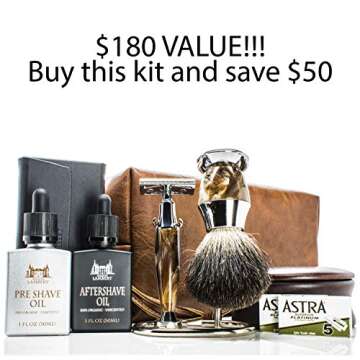 Maison Lambert Ultimate Shaving Kit Set with Organic Shaving Soap, Aftershave oil, Wood Shaving Bowl, 100% Pure Black Badger Shaving Brush and Double Edge Safety Razor and stand. Best fathers day gift