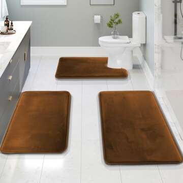 Clara Clark 3 Piece Bathroom Rugs Bath Mat Set, Velvet Memory Foam Bath Mats for Bathroom - Non-Slip, PVC Backing Bath Rugs, Washable Bathroom Rug Mats - Dries Quickly, Brown Bathroom Rug Set