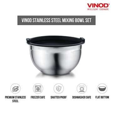 Vinod Cookware Stainless Steel Mixing Bowls with Lids - Heavy Duty Flat Bottom Stackable Mixing Bowl Set - Bowl for Meal Prep, Cooking, Mixing & Serve - Space Saving & Easy Clean - Set of 5