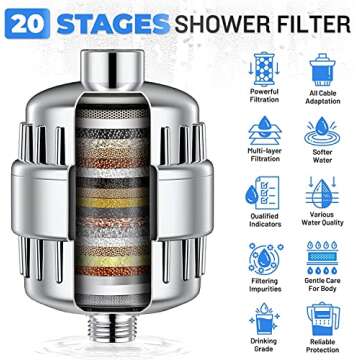 Shower Filter 20 Stage Showerhead Filter for Hard Water with 2 Replaceable Cartridges for Removing Chlorine Fluoride, Polished Chrome