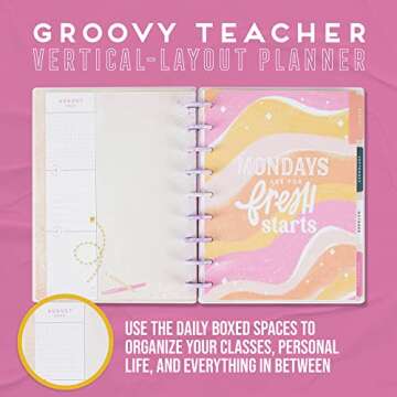 Happy Planner 12-Month Academic Planner, Back-to-School Planner for August 2022 to July 2023, Disc-Bound Daily Weekly Monthly Planner for Teachers and Students, 7” x 9 ¼ “, Teacher, Groovy Teacher