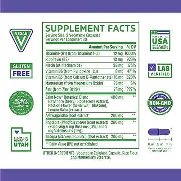 Zhou Calm Now Soothing Support with B Vitamins, Ashwagandha, Magnesium & Zinc, Relax, Focus & Positive Mind, Supports Serotonin Increase, Non-GMO, Vegan, Gluten-Free, 30 Servings - 60 VegCaps