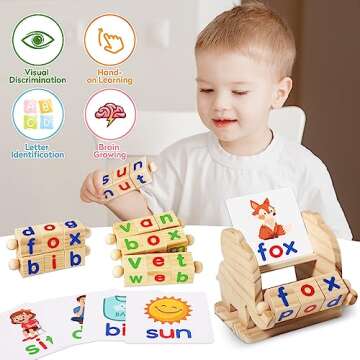 ShyLizard Montessori Learning and Educational Toys Gifts for Kids 3 4 5 Years, Wooden Reading Blocks Toys, Learning Activities for Preschool Kindergarten, Turning Rotating Matching Flash Card Games