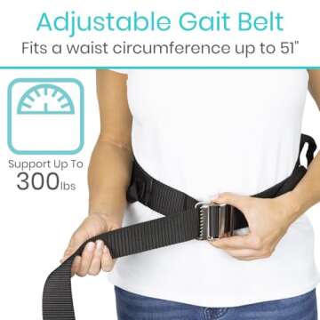 Vive Gait Belt (300lbs) Transfer Belt with Handles - Medical Nursing Safety Patient Assist - Bariatric, Elderly, Handicap, Physical Therapy - PT Gate Strap Quick Release Metal Buckle, Grabbing Teeth