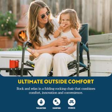 GCI OUTDOOR Freestyle Rocker with Side Table Camping Chair | Portable Folding Rocking Chair with Solid, Durable Armrests, Drink Holder & Comfortable Backrest — Heathered Indigo