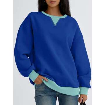 Trendy Queen Womens Oversized Crewneck Sweatshirt Fleeced 2025 Fall Fashion Outfits Clothes Clothing Loose Fit Comfy Crew Neck Color Block Pullover Top Cobalt Blue