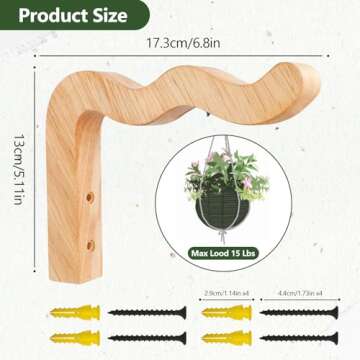 FGSAEOR Plant Hangers Outdoor, Hanging Plant Hooks for Indoors, Wave-Shaped Wooden Hanging Baskets for Wall Plant Hooks Heavy Duty for Flower Pots Wind Chimes and Bird Feeders (2-Pack, 6.8-Inch)