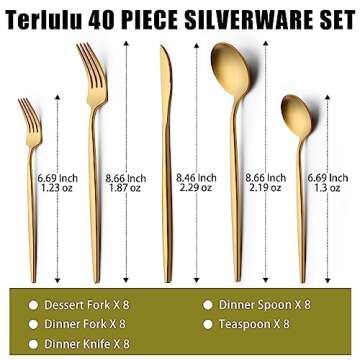 40 Piece Gold Silverware Set for 8, Terlulu Stainless Steel Flatware Set, Gold Cutlery Set Utensils Set, Tableware Include Forks Knives Spoons for Home Kitchen Restaurant Wedding, Satin Finish